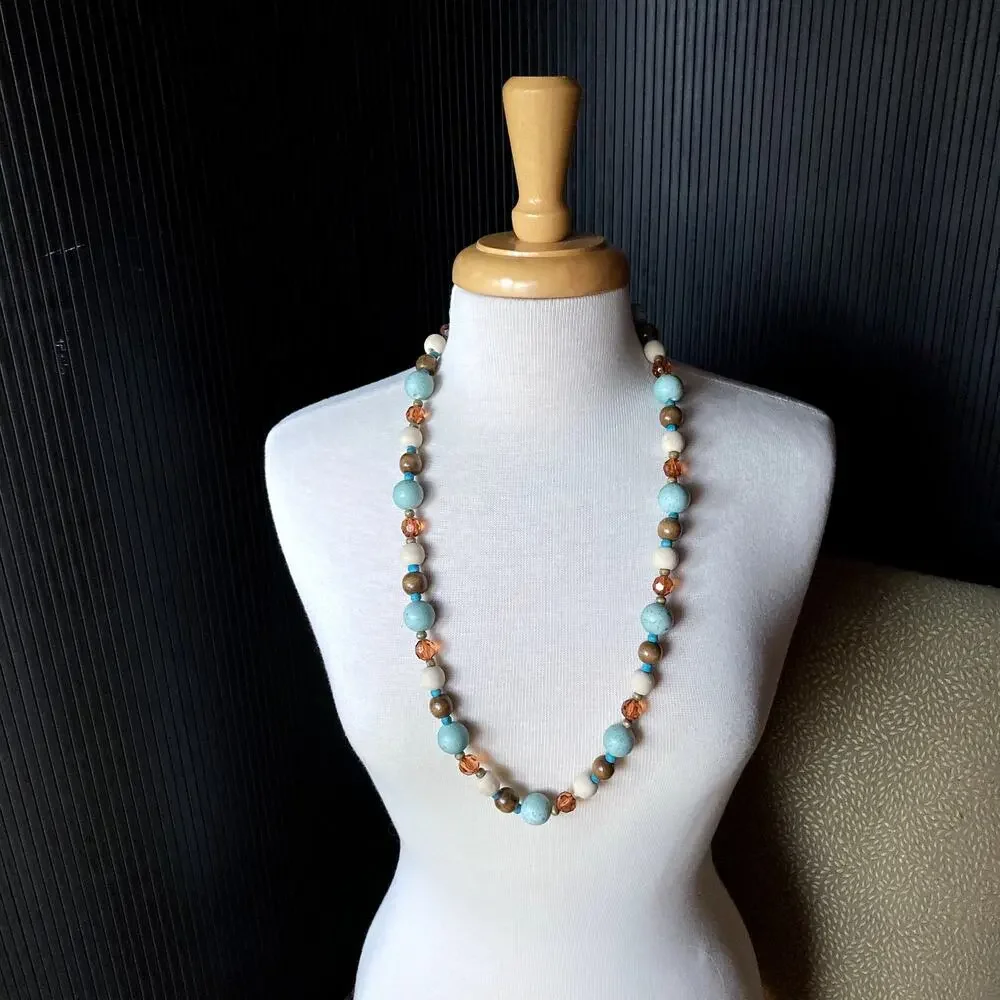 Unique mixed materials brown and blue necklace